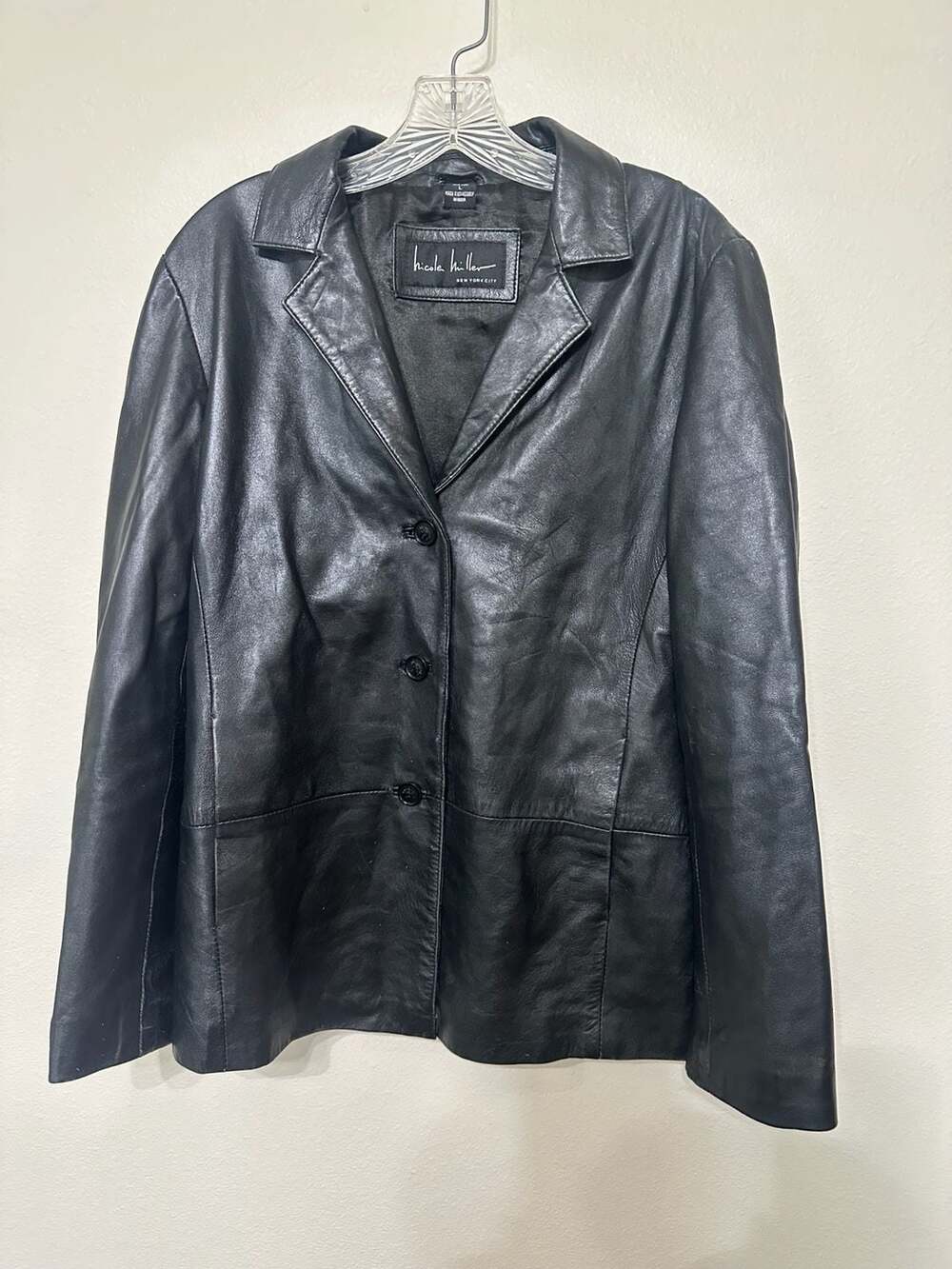 Nicole Miller Women's Black Genuine Leather Button-Front Blazer Jacket
